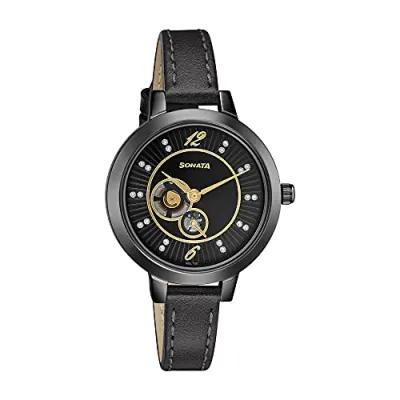 Sonata Unveil Black Dial Women Analog Watch with Leather Str at ₹1,160