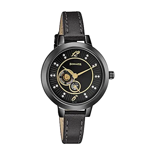 Sonata Unveil Black Dial Women Analog Watch with Leather Str at ₹1,160