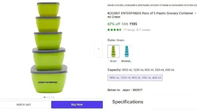 Pack of 5 Plastic Grocery Container at ₹195
