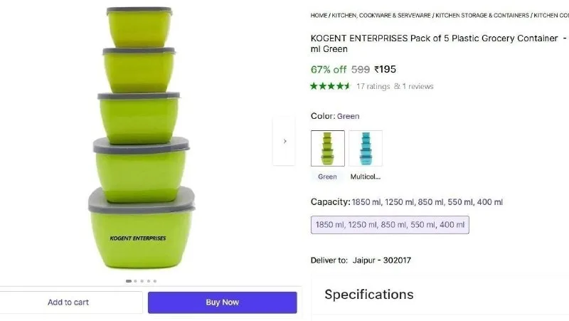 Pack of 5 Plastic Grocery Container at ₹195