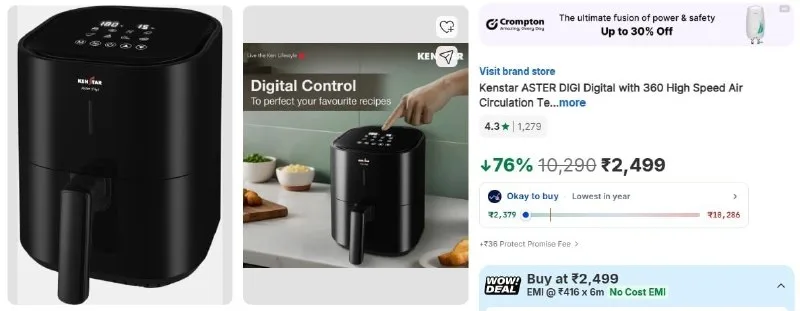 Kenstar ASTER Digital Air Fryer (4.2 L) at ₹2,499