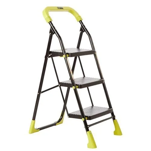 Amazon Basics Dynamo - Foldable Step Ladder, Safety Clutch Lock, Anti Slip Steps, Knee Guard, Anti Skid PVC Shoes, 3 Steps (Steel, Black & L at ₹1,419
