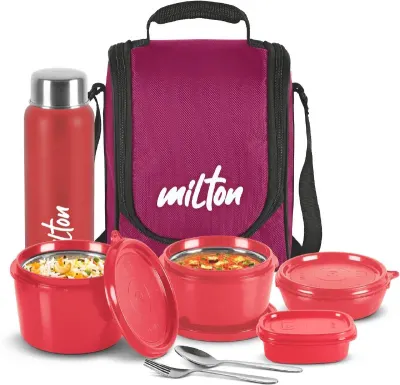 MILTON Pro lunch box stainless steel (3 Containers, 1 Chutney Dabba, 1 Bottle, Spoon, Fork) at ₹659