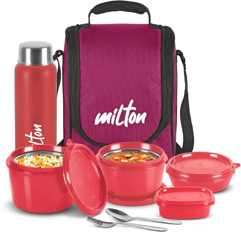 MILTON Pro lunch box stainless steel (3 Containers, 1 Chutney Dabba, 1 Bottle, Spoon, Fork) at ₹659