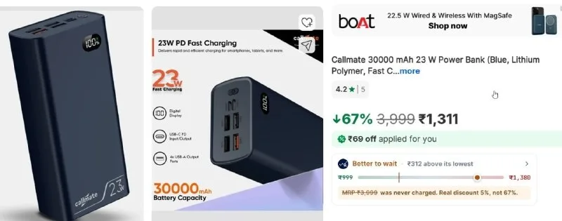 Callmate 30000 mAh 23 W Power Bank at ₹1,311
