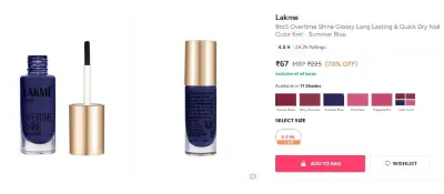 Lakme 9to5 Overtime Shine Glossy Long Lasting & Quick Dry Nail Color 6ml - Summer Blue at ₹67