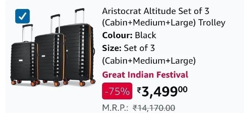 Aristocrat Set of 3 Trolley Bags at ₹3,499