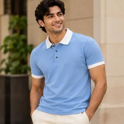 Men’s Premium Light Blue Cotton Pique Polo T-Shirt with Contrast White Collar & Sleeve Cuffs at ₹329