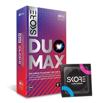18+ Skore Duo Max - Premium Pleasure Condoms for Him and Her with Disposal Pouches|Dotted & Ribbed|Performa Lubricant for Long Lasting Clima at ₹141