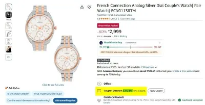 French Connection Analog Silver Dial Couple Watch at ₹2,483