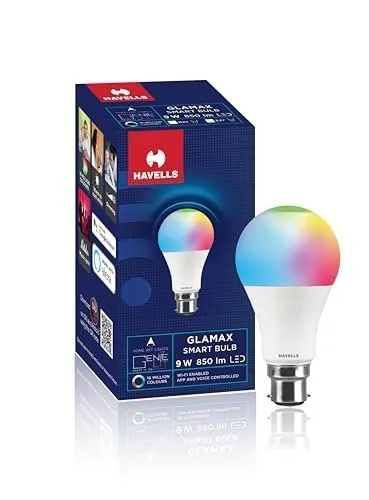 Havells Glamax 9W B22 WiFi LED Smart Bulb with Music Sync Function, Compatible with Amazon Alexa and Google Assistant (16M Colours) at ₹349