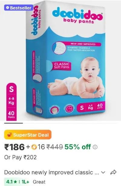 Doobidoo newly improved classic soft diaper anti - leak highly absorbent baby pant 4 - 8 kg - s at ₹202