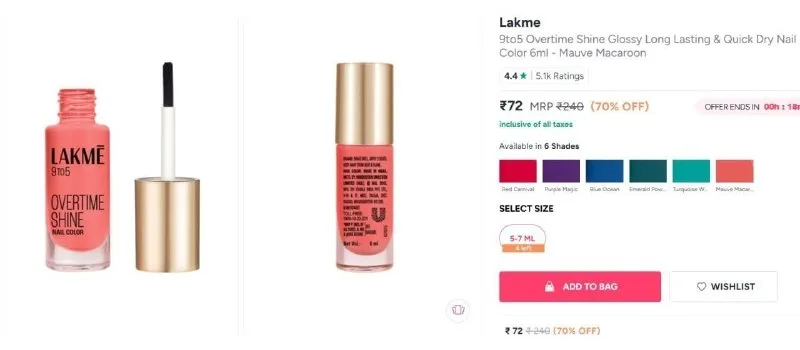 Lakme 9to5 Overtime Shine Glossy Long Lasting & Quick Dry Nail Color 6ml - Mauve Macaroon at ₹72