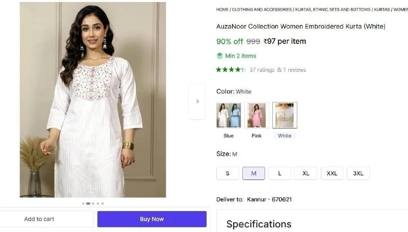 Women's Embroidered Kurta at ₹95