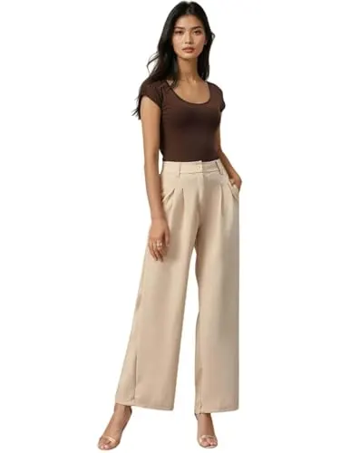 KOTTY Women's High Rise Viscose Rayon Relaxed Fit Korean Trousers at ₹199