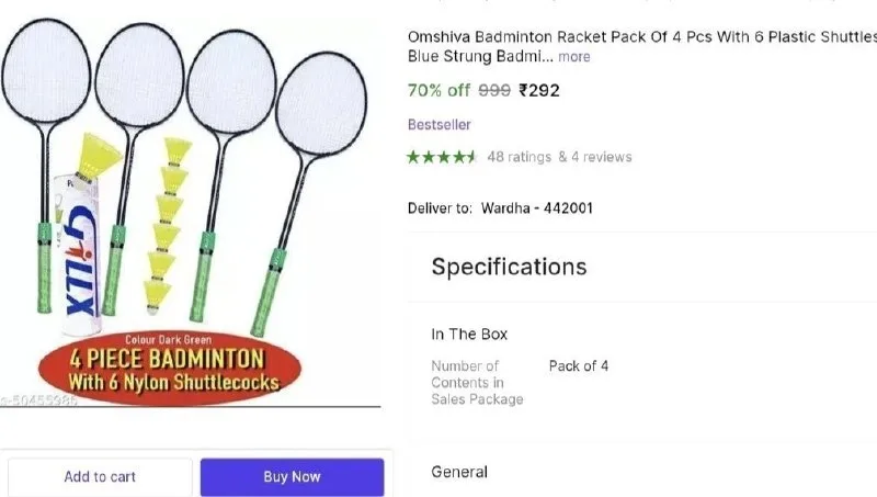 Badminton Racket Pack Of 4 Pcs With 6 Plastic Shuttles at ₹292