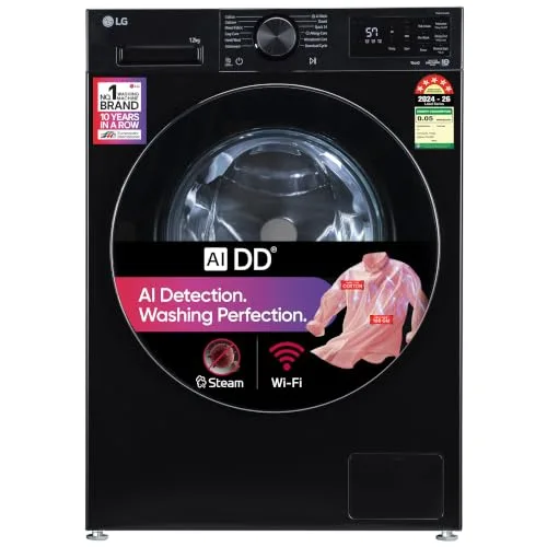 LG 12 Kg, 5 Star, AI DD Technology, Steam, Wi-Fi, Tempered glass door, Fully-Automatic Front Load Washing Machine (FX1412N3O, Reduce germs & at ₹37,989