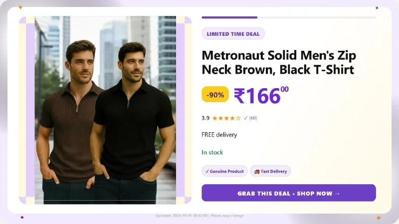 Metronaut Solid Men's Zip Neck T-Shirt at ₹166
