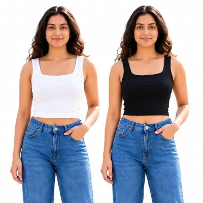 Women's Ribbed Square Neck Crop Top Combo Pack of 2 Sleeveless Stretchable Cotton Blend Tank Tops at ₹259