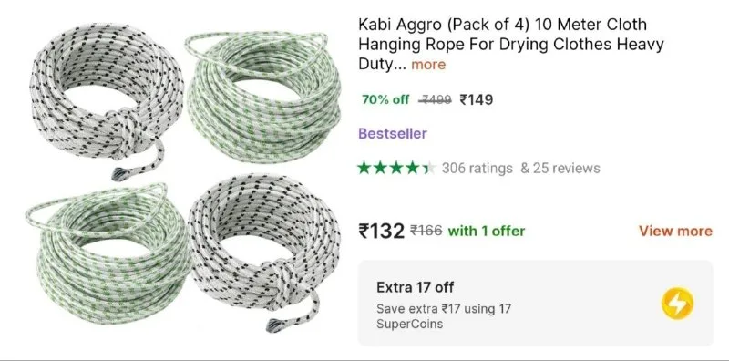 (Pack of 4) Cloth Hanging Rope at ₹149