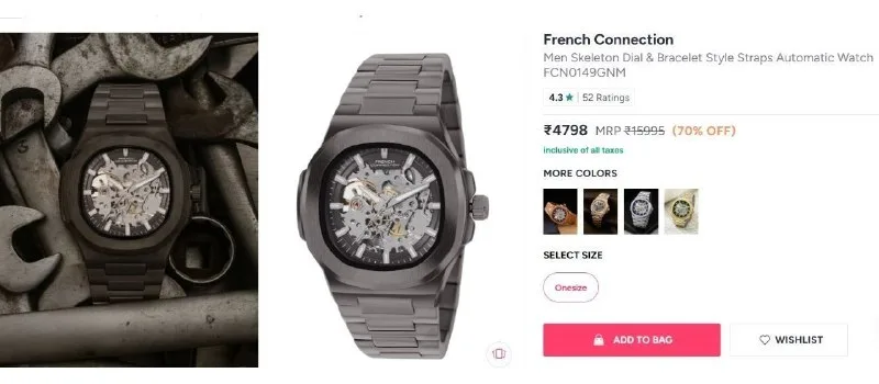 French Connection Men Skeleton Dial & Bracelet Style Straps Automatic Watch at ₹4,798