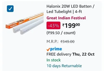 Halonix 20W LED Batten / Led Tubelight at ₹199
