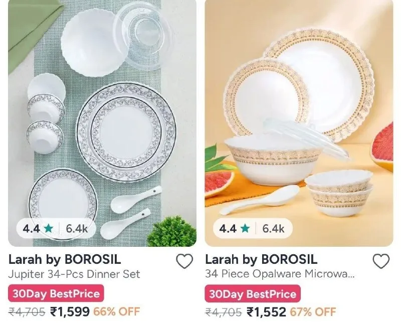Cello products at min 40%, Cello and Larah by Borosil Dinner set at min 50% off