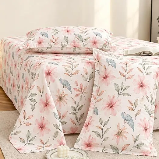 BSB HOME 100% Cotton CloudTouch Double Bed Bedsheet Set | 144 TC Soft & Breathable | Baby Pink & Pastel Floral Design with 2 Pillow Covers | at ₹188