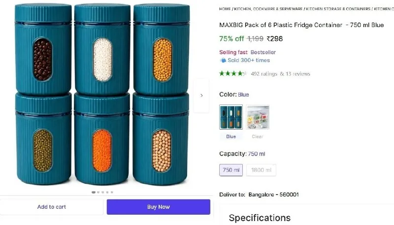 6 Pcs Fridge Container 750 ml Blue at ₹298