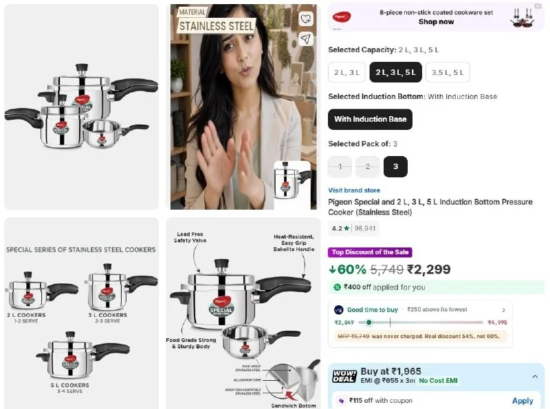 Pigeon Outer Lid Induction Bottom Pressure Cooker Set 2L, 3L and 5L at ₹2,299