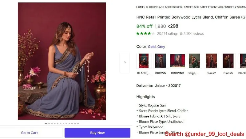 Chiffon Saree (Grey, Gold) at ₹298