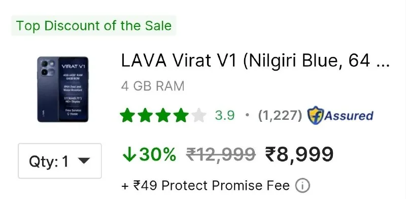 LAVA Virat V1 (Nilgiri Blue, 64 GB) (4 GB RAM) at ₹8,749