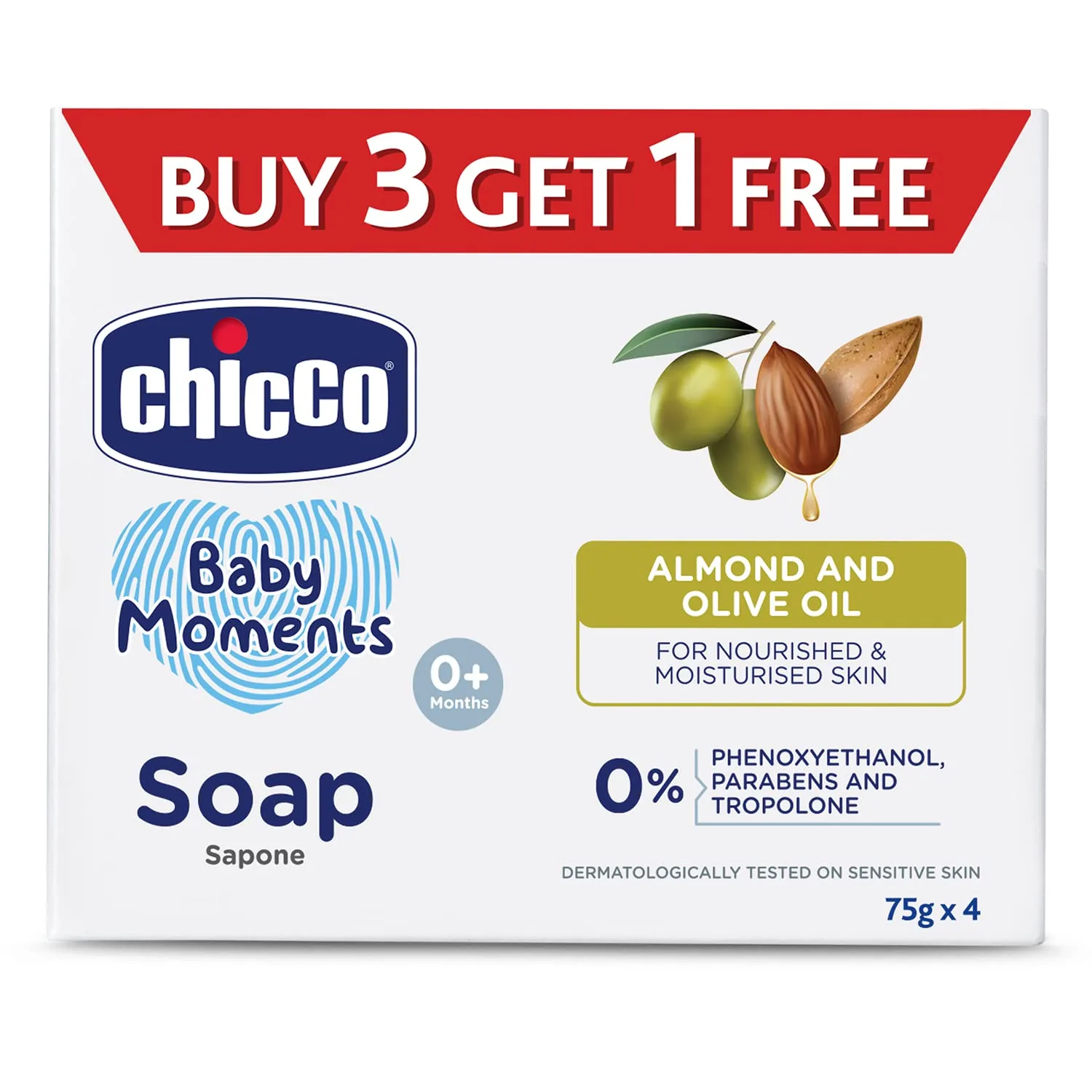 Chicco Baby Moments Soap 75g Buy 3 Get 1 Free For Nourished & Moisturised Skin With Natural Care of Almond & Olive Oil at ₹179