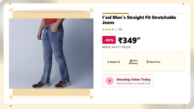I'sol Men's Straight Fit Stretchable Jeans at ₹349