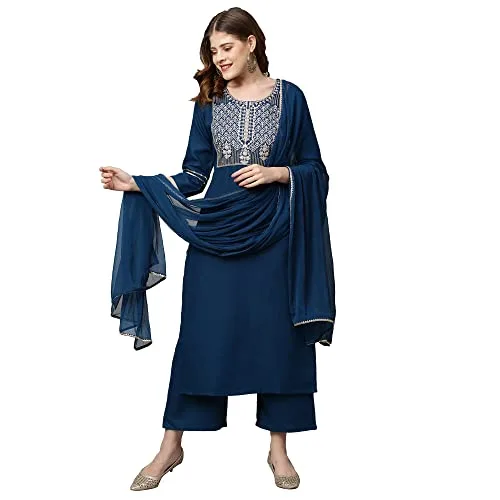 ANNI DESIGNER Women's Cotton Blend Embroidered Regular Kurta & Palazzo With Dupatta at ₹319