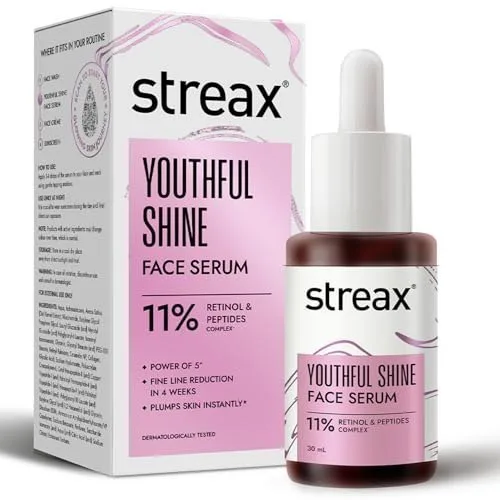 Streax Youthful Shine Face Serum, 30ml |11% Retinol & Peptide Complex | Reduces Fine Lines & Wrinkles | Anti-Ageing Serum | Dark spot remova at ₹236