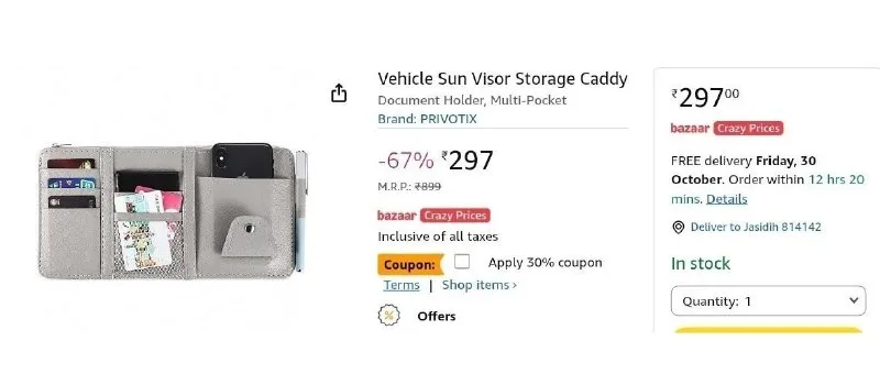 Vehicle Sun Visor Storage Caddy, Document Holder Multi-Pocket at ₹207