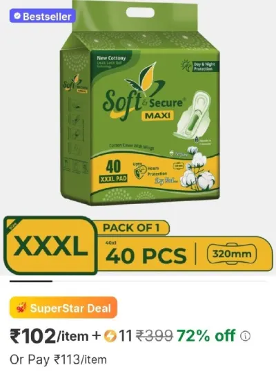 Soft & secure xxxl soft cottony rash free sanitary pad, dry feel for heavy flow and 3 seconds absorption sanitary pad sanitary pad at ₹102