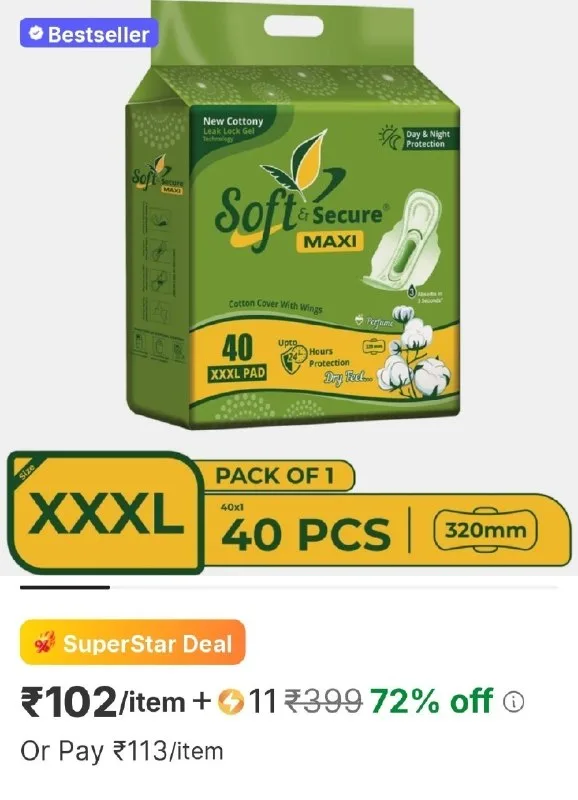 Soft & secure xxxl soft cottony rash free sanitary pad, dry feel for heavy flow and 3 seconds absorption sanitary pad sanitary pad at ₹102
