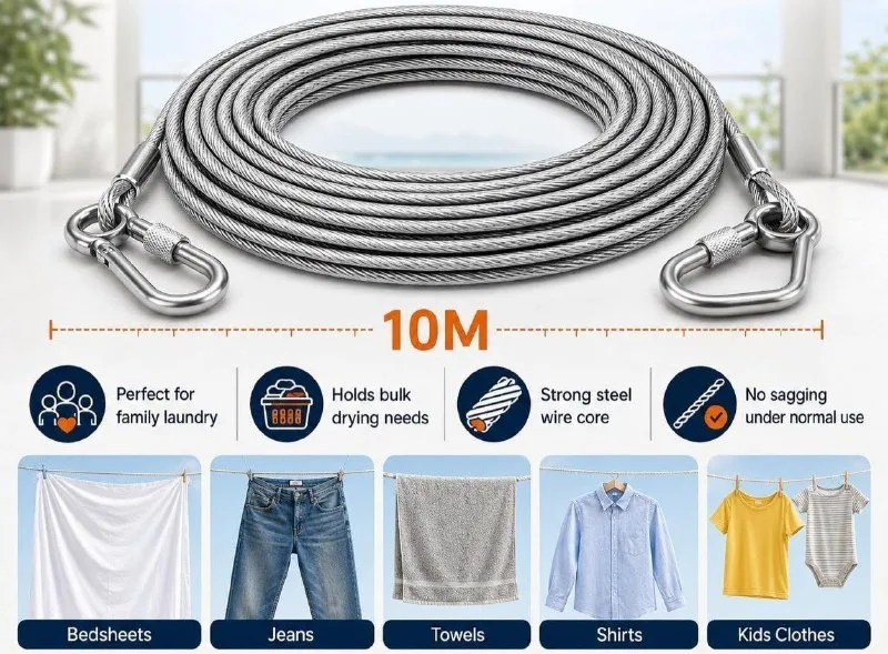 10 Metre Heavy-Duty Stainless Steel Clothesline Rope at ₹199