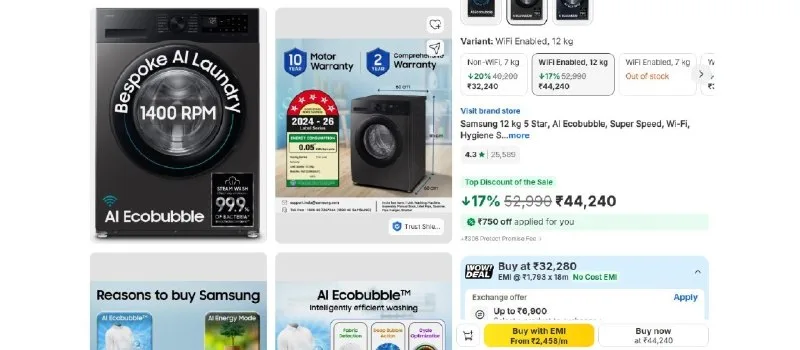 Samsung 12 kg 5 Star, AI Ecobubble, Super Speed, Wi-Fi, Hygiene Steam, Digital Inverter Motor Fully Automatic Front Load at ₹32,280