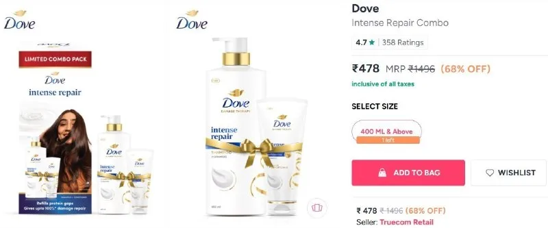 Flat 68% Off on Dove Intense Repair Combo