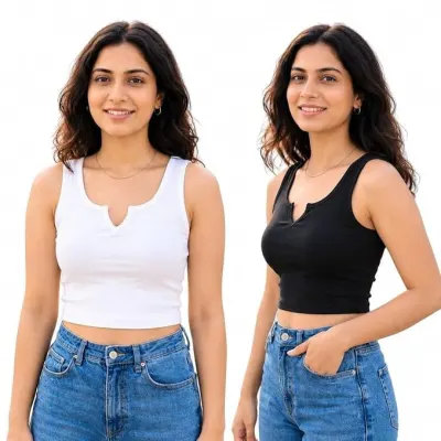 Women's Ribbed Tank Top Pack of 2 Sleeveless Notch V-Neck Fitted Stretchable Crop Top Combo for Casual Wear at ₹249