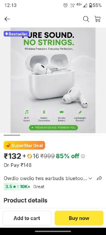 Owdio owdio tws earbuds bluetooth headset at ₹148