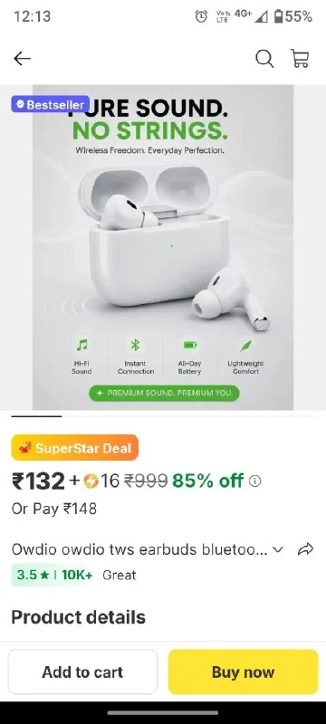 Owdio owdio tws earbuds bluetooth headset at ₹148