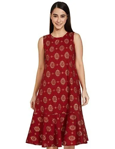 Myx A-line Sleeveless Dress (PAG 101_Golden JAAL RED_X-Small) at ₹179