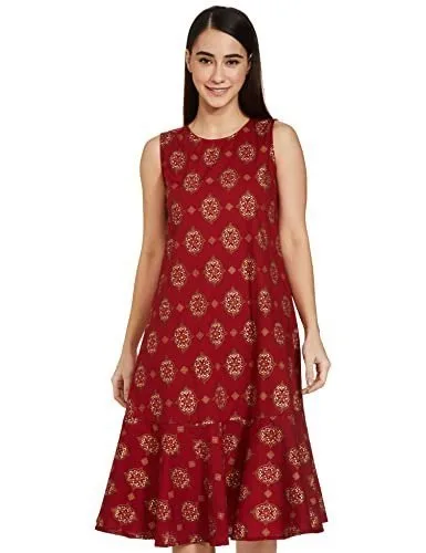 Myx A-line Sleeveless Dress (PAG 101_Golden JAAL RED_X-Small) at ₹179
