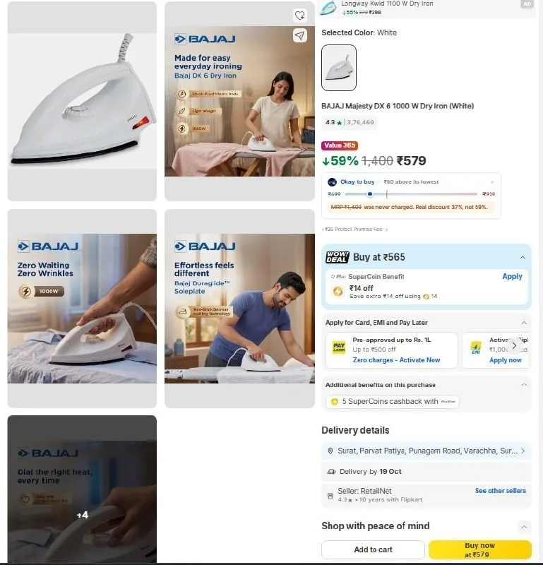 BAJAJ by Bajaj Electricals Majesty DX 6 1000 W Dry Iron at ₹579