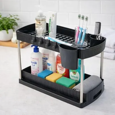 HomeWiz Sink Organizer 2-Tier | Under Sink Storage Organizer | Kitchen Cabinet Organiser | Multipurpose For Kitchen & Bathroom | Plastic & S at ₹354