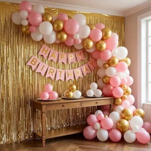 Pink, Gold, White Birthday Balloons, Banner, Curtain & Ribbons Set of 52pcs for Girls & Women at ₹158